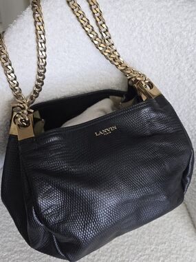 Lanvin Tilda Black Lizard Style Shoulder Bag with Gold Chain